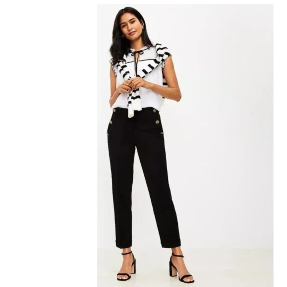 Loft Black Sailor Ankle Pants Gold Crest‎ Button High Waist  Cuffed Size 12 NWT
